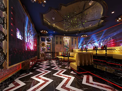 Elegant KTV Lounge Interior With Colorful Lighting Stage Seating And Patterned Floor 3d model