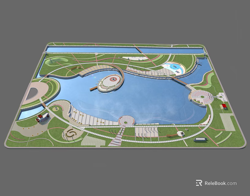 Park Landscape Design With Large Central Lake Curved Paths And Green Lawns 3d model 
