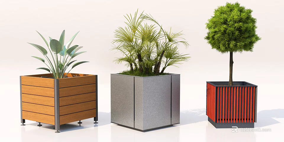 Decorative Bonsai Potted Plants With Different Material Planters Including Wooden Metal And Red Striped Designs 3d model 