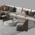 Modern Light Leather Sofa And Coffee Table Set Round Marble Table Multiple Pillows Gray Rug 3d model