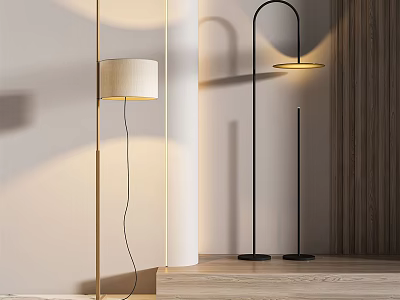 Modern Floor Lamps With Beige Shade Black Curved Design And Warm Light In Minimalist Room 3d model