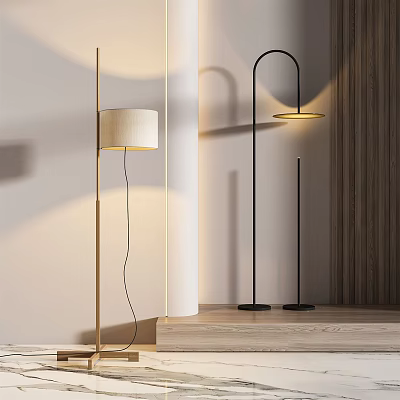 Modern Floor Lamps With Beige Shade Black Curved Design And Warm Light In Minimalist Room 3d model