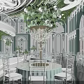 Elegant Banquet Hall With Ornate Ceiling Spiral Staircase Round Platform And Clear Chairs