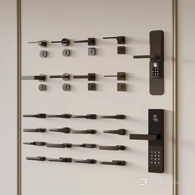 Various Door Handles And Locks Display On White Background With Electronic Keypad Locks 3d model