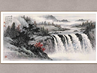 Chinese Landscape Painting Huang Junbi Qiulin Waterfall model