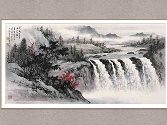 Chinese Landscape Painting Huang Junbi Qiulin Waterfall 3d model