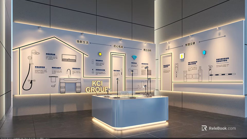 KCL GROUP Modern Exhibition Hall With Wall Diagrams And Blue Display Counter 3d model 