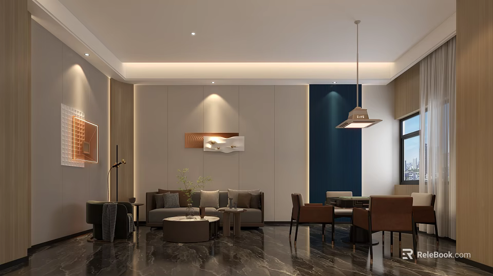 Modern Hotel Mahjong Room Interior With Comfortable Sofa Coffee Table And Dining Seating 3d model