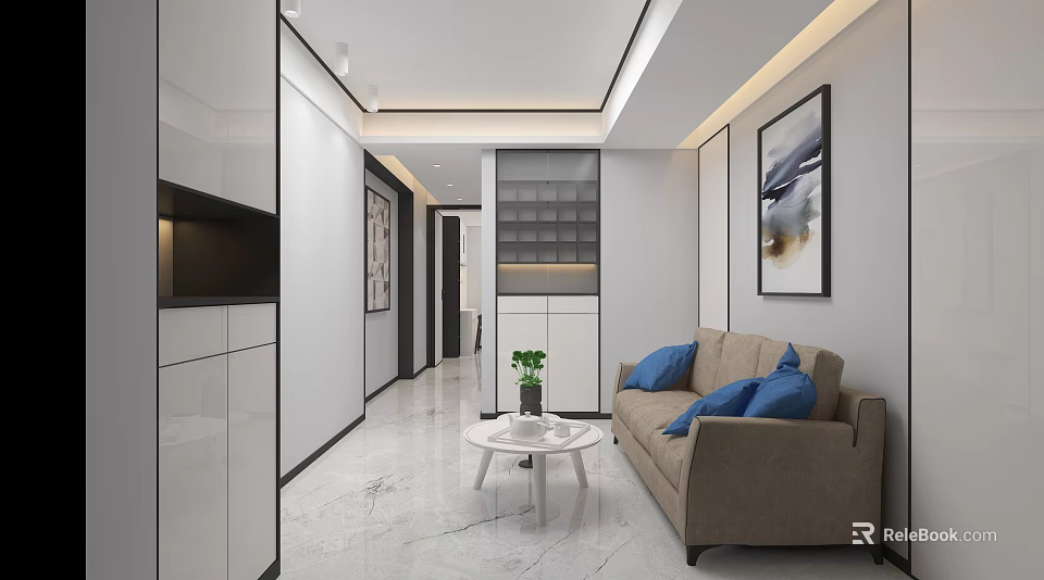 Modern Sleek Minimalist Living Room With Cozy Fabric Sofa And Elegant Marble Floor Interior Design 3d model 
