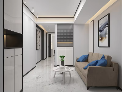 Modern Sleek Minimalist Living Room With Cozy Fabric Sofa And Elegant Marble Floor Interior Design 3d model
