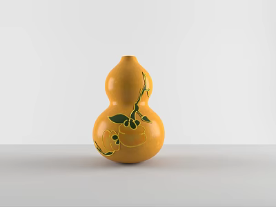 Yellow Gourd Shaped Daily Life Item With Green Vine And Leaf Patterns 3d model