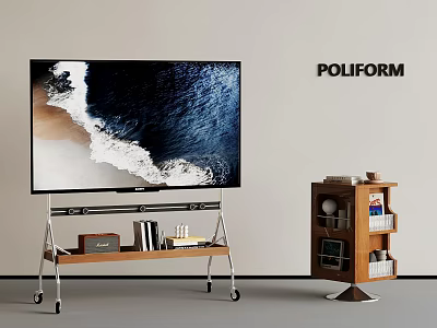Poliform Living Room Interior With Large TV On Wooden Rolling Stand And Decorative Shelf 3d model