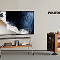 Poliform Living Room Interior With Large TV On Wooden Rolling Stand And Decorative Shelf