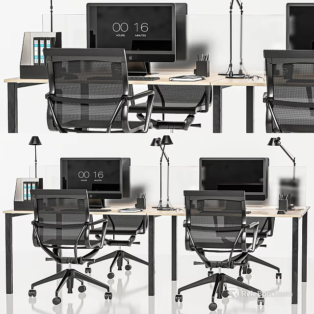 Office Workspace Desk And Chair Set With Black Mesh Chairs Computer Monitors Table Lamps 3d model 
