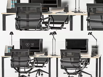 Office Workspace Desk And Chair Set With Black Mesh Chairs Computer Monitors Table Lamps 3d model