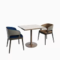 Modern Square Table with Light Textured Top and Blue Brown Upholstered Chairs 3d model