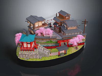 Traditional Ancient Japanese Architecture Featuring Cherry Blossom Trees Red Torii Gates and Stone Walls 3d model