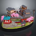 Traditional Ancient Japanese Architecture Featuring Cherry Blossom Trees Red Torii Gates and Stone Walls