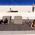 Outdoor Chairs On Beach With People Sitting Under Blue Sky And Railing Wall