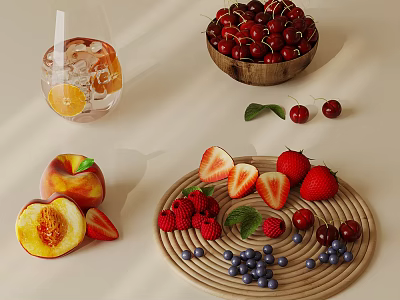Fresh Assorted Fruits and Refreshing Drink with Ice and Lemon on Beige Table 3d model