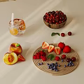 Fresh Assorted Fruits and Refreshing Drink with Ice and Lemon on Beige Table