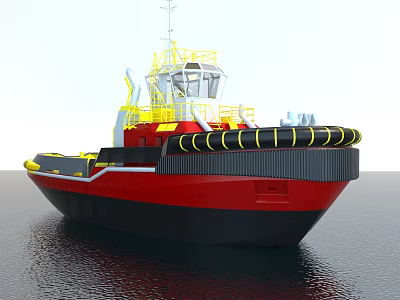 Red And Black Tugboat With Yellow Railings Fenders And Wheelhouse On Water Surface 3d model