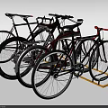 Multiple Colorful Bicycles Parked On Metal Bike Rack With Red Black Frames