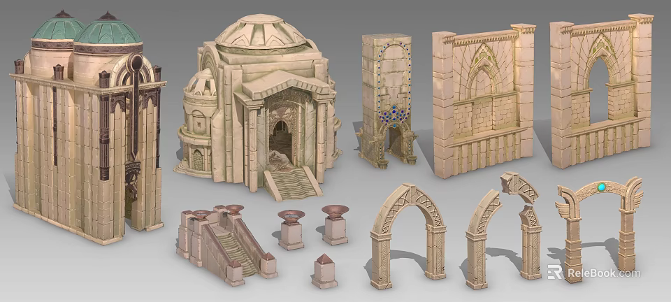 Classical Garden Landscape With Dome Structures Decorative Arches Stone Columns And Steps 3d model 