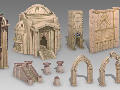 Classical Garden Landscape With Dome Structures Decorative Arches Stone Columns And Steps 3d model