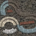 Curved Metal Woven Outdoor Chairs in Various Colors Arranged on Stone Ground