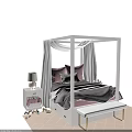 White Four Poster Double Bed With Canopy Pink Gray Pillows And Fuzzy Gold Leg Bench