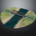Metal Truss Bridge Structure Spanning Over River With Green Grass Banks