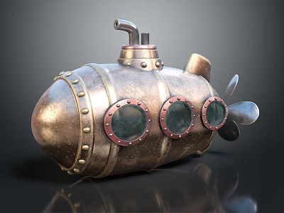 Vintage Copper Metal Submarine Model With Three Portholes Rivets And Propeller 3d model