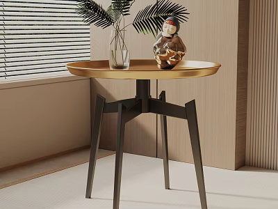 Modern Round Top Side Table With Black Metal Legs Decorative Plant And Figurine 3d model