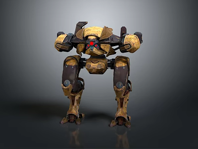 Detailed Yellow Brown Humanoid Mech Warrior With Red Eye Standing Pose 3d model
