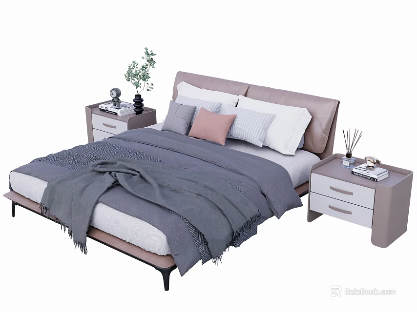 Double Bed With Upholstered Headboard Gray Blanket Multiple Pillows And Nightstands With Decorative Items 3d model