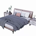Double Bed With Upholstered Headboard Gray Blanket Multiple Pillows And Nightstands With Decorative Items 3d model