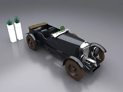 Vintage Black Convertible Car With Classic Design And White Vases Green Plants 3d model