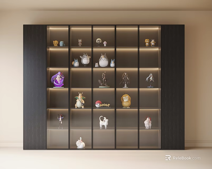 Modern Black Figurine Display Cabinet With Illuminated Shelves And Collectible Figures 3d model 