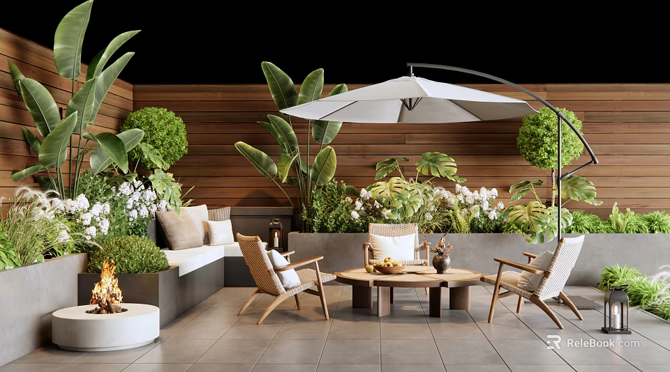 Outdoor Patio Furniture Set With Wooden Table And Chairs And Umbrella 3d model 