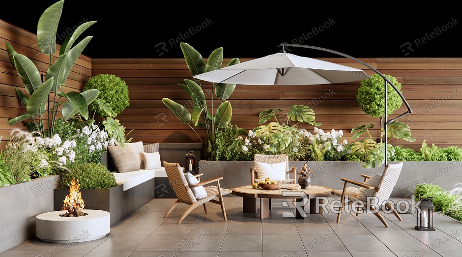 Home Balcony Courtyard Outdoor Table and Chair Outdoor Sofa Flower Pool Plant Pile Plant Combination Flowers and Plants model