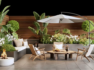 Outdoor Patio Furniture Set With Wooden Table And Chairs And Umbrella 3d model