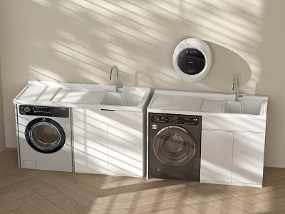 Laundry Space With White Cabinets Washing Machines Sinks Round Clock And Sunlight Shadows 3d model