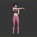 Woman Stretching Arms In Gray Sports Bra And Pink Leggings On Gray Background
