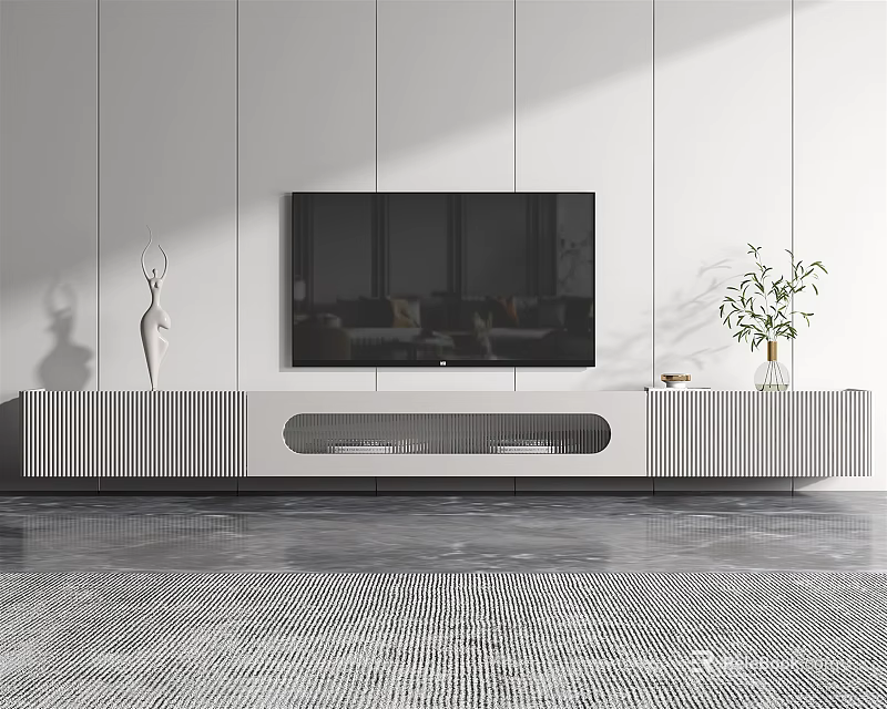 Modern TV Stand With Flat Screen TV Decorative Vase And Potted Plant 3d model 