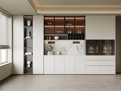 Modern Wine Cabinet Design With Glass Shelves Wine Bottles Lighting And White Cabinets 3d model