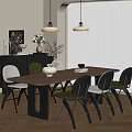 Modern Dining Table Set With Green And White Chairs Hanging Pendant Lights And Console Decorations