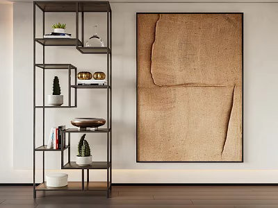 Abstract Painting On Interior Wall With Black Metal Shelf Green Plants Books And Decorative Items 3d model