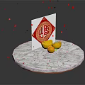 Elegant Gold Ingot Jewelry Display On Marble Platform With Red Fu Character And Falling Red Petals