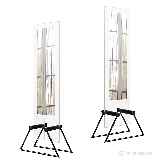 Modern Glass Room Divider With Transparent Panel And Black Triangular Stand 3d model 